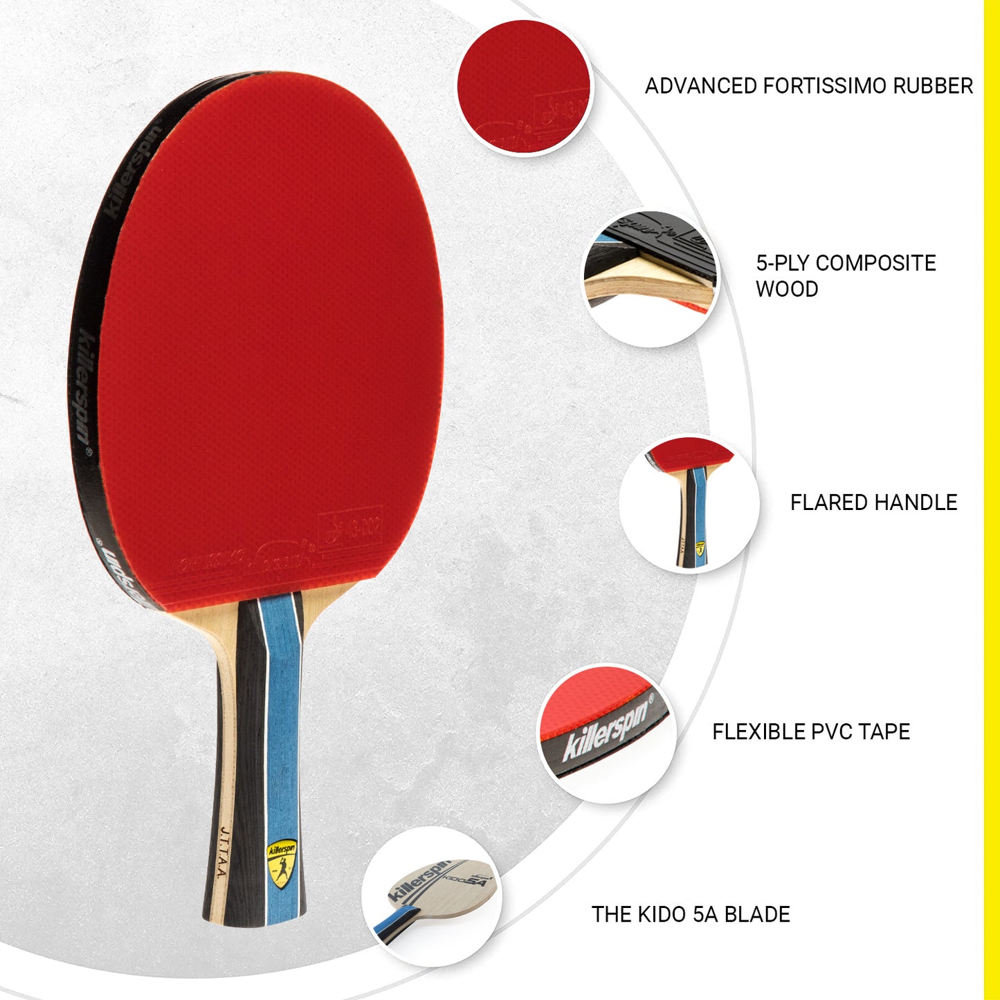 Kido 5A RTG Premium Ping Pong Paddle - Competition Grade - Straight or Flared Handle