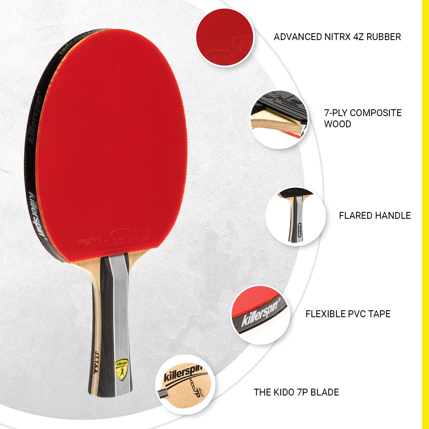 Kido 7P RTG Ping Pong Paddle - Competition Grade - Straight or Flared Handle