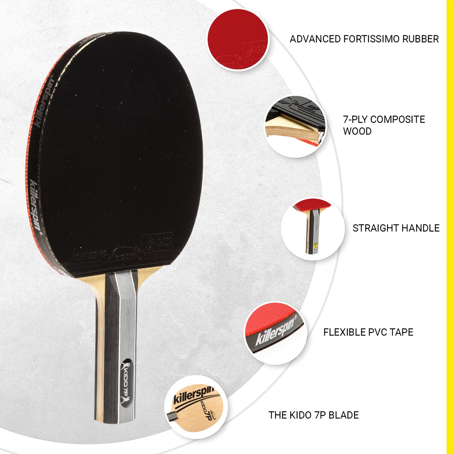 Kido 7P RTG Premium Ping Pong Paddle - Competition Grade - Straight or Flared Handle