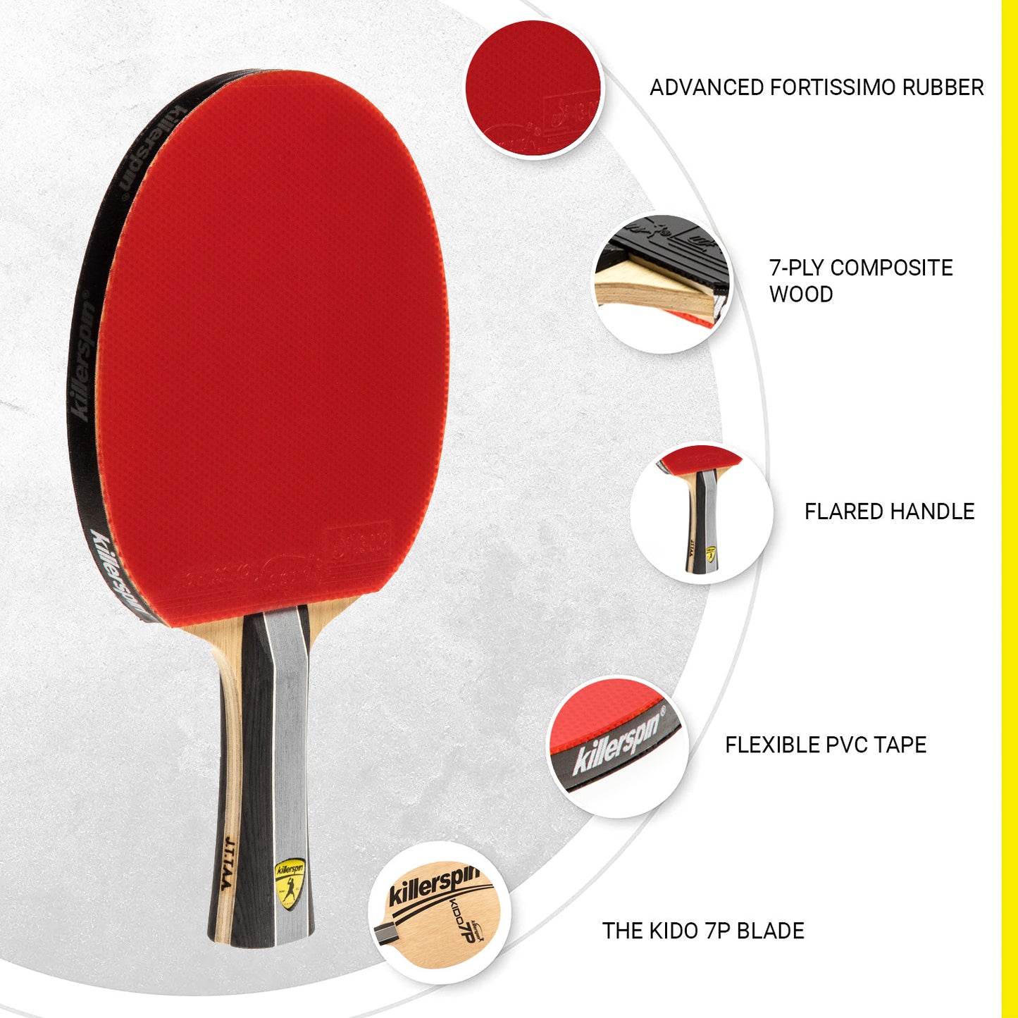 Kido 7P RTG Premium Ping Pong Paddle - Competition Grade - Straight or Flared Handle